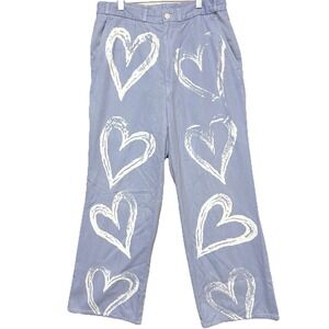 Vintage Wide Leg Pants Women 30 Retro Blue Hearts Handmade Hippie High Waist 80s